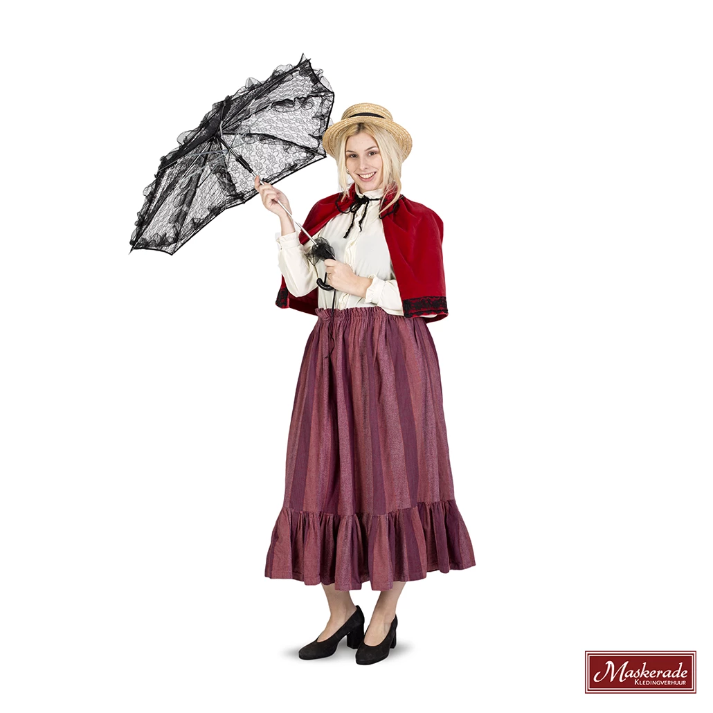 Paars Gestreepte Rok Met Crème Blouse En Rode Omslag (Charles Dickens) 3 Paars Gestreepte Rok Met Crème Blouse En Rode Omslag (Charles Dickens)