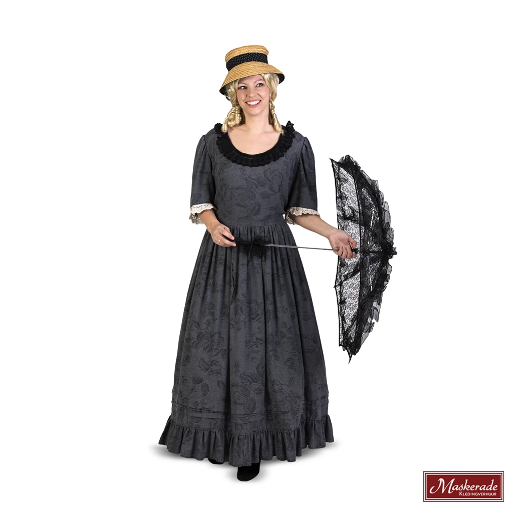 Charles Dickens: Grijze Jurk Met Bloemenprint En Twee Kleuren Kant 3 Charles Dickens: Grijze Jurk Met Bloemenprint En Twee Kleuren Kant