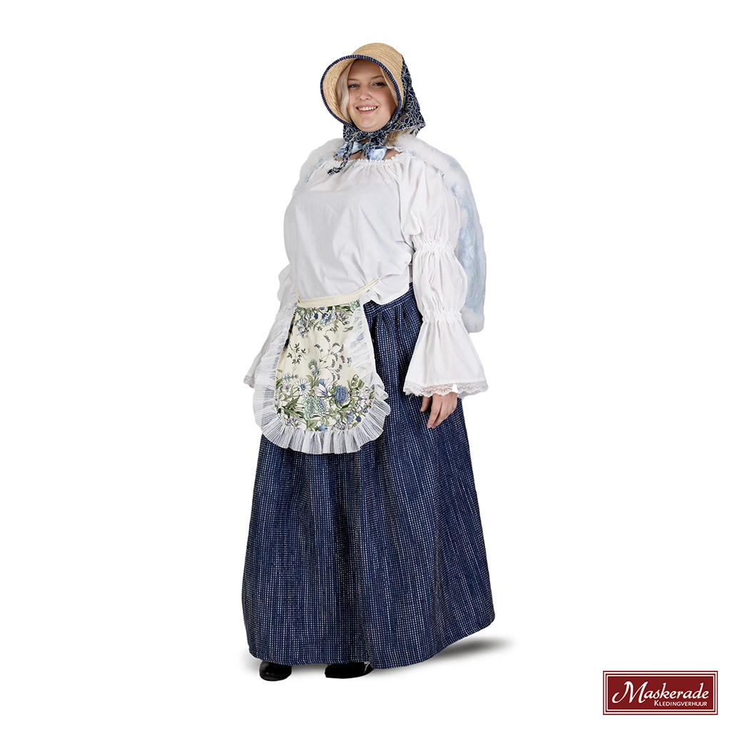 Charles Dickens: Donkerblauwe Rok Met Patroon En Witte Blouse En Schort En Blauwe Omslag 3 Charles Dickens: Donkerblauwe Rok Met Patroon En Witte Blouse En Schort En Blauwe Omslag