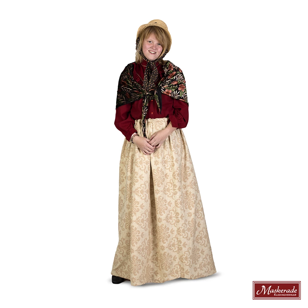 Charles Dickens: Beige Rok Met Barokprint En Rode Blouse Met Zachte Bloemenomslag 3 Charles Dickens: Beige Rok Met Barokprint En Rode Blouse Met Zachte Bloemenomslag