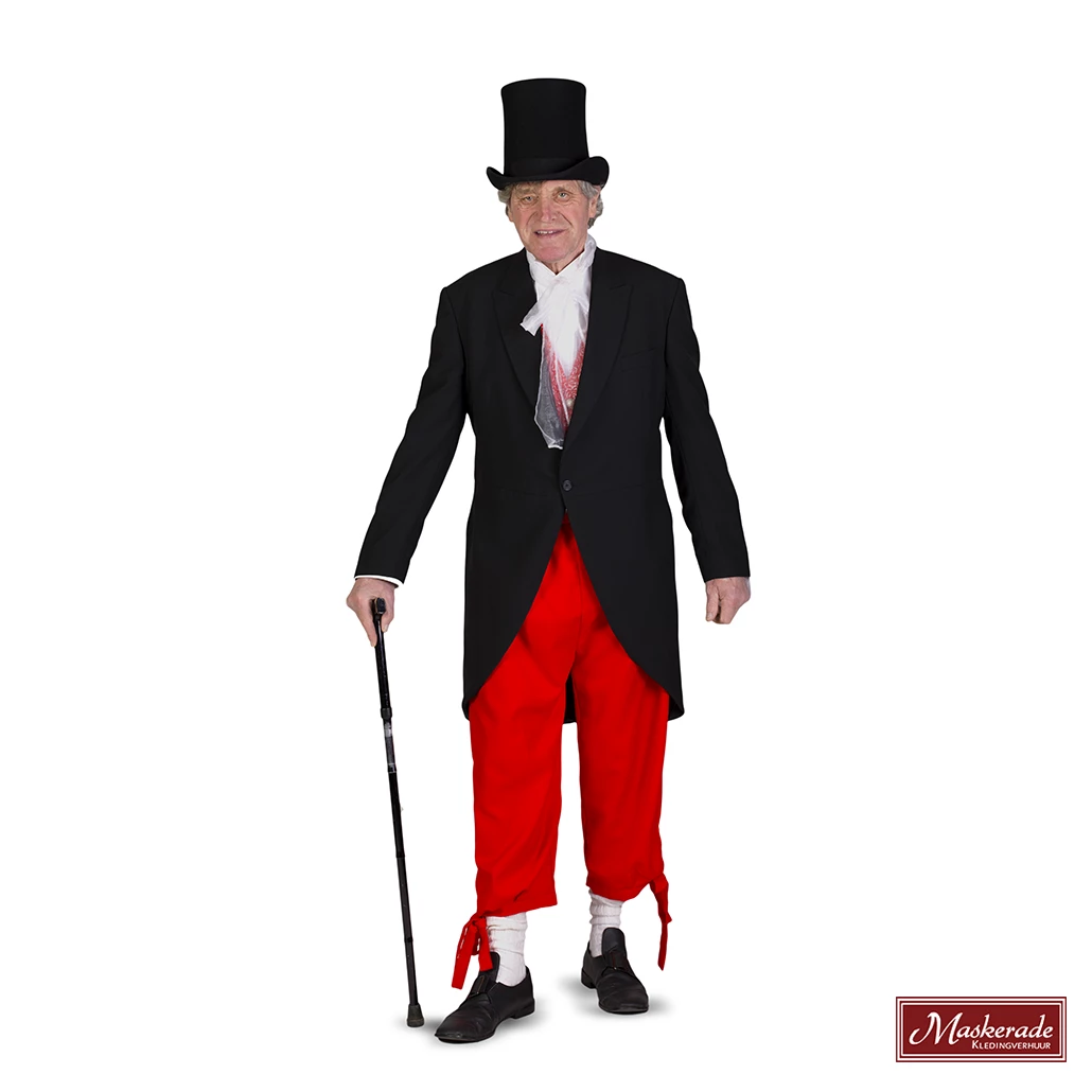 Charles Dickens: Zwarte Slipjas Met Rode Gebloemd Vest En Effen Rode Broek 3 Charles Dickens: Zwarte Slipjas Met Rode Gebloemd Vest En Effen Rode Broek