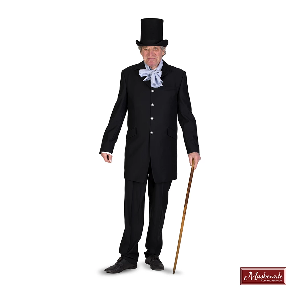 Charles Dickens: Zwarte Lange Krijtstreep Jas Met Bijpassende Broek En Grijs Vest 2 Charles Dickens: Zwarte Lange Krijtstreep Jas Met Bijpassende Broek En Grijs Vest